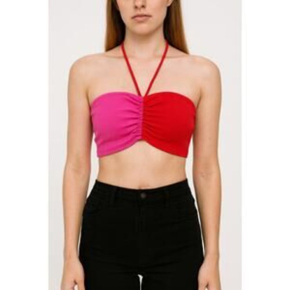 NWT Naked Wardrobe Colorblock Bandeau Top | Pink Red Ruched Crop Small
